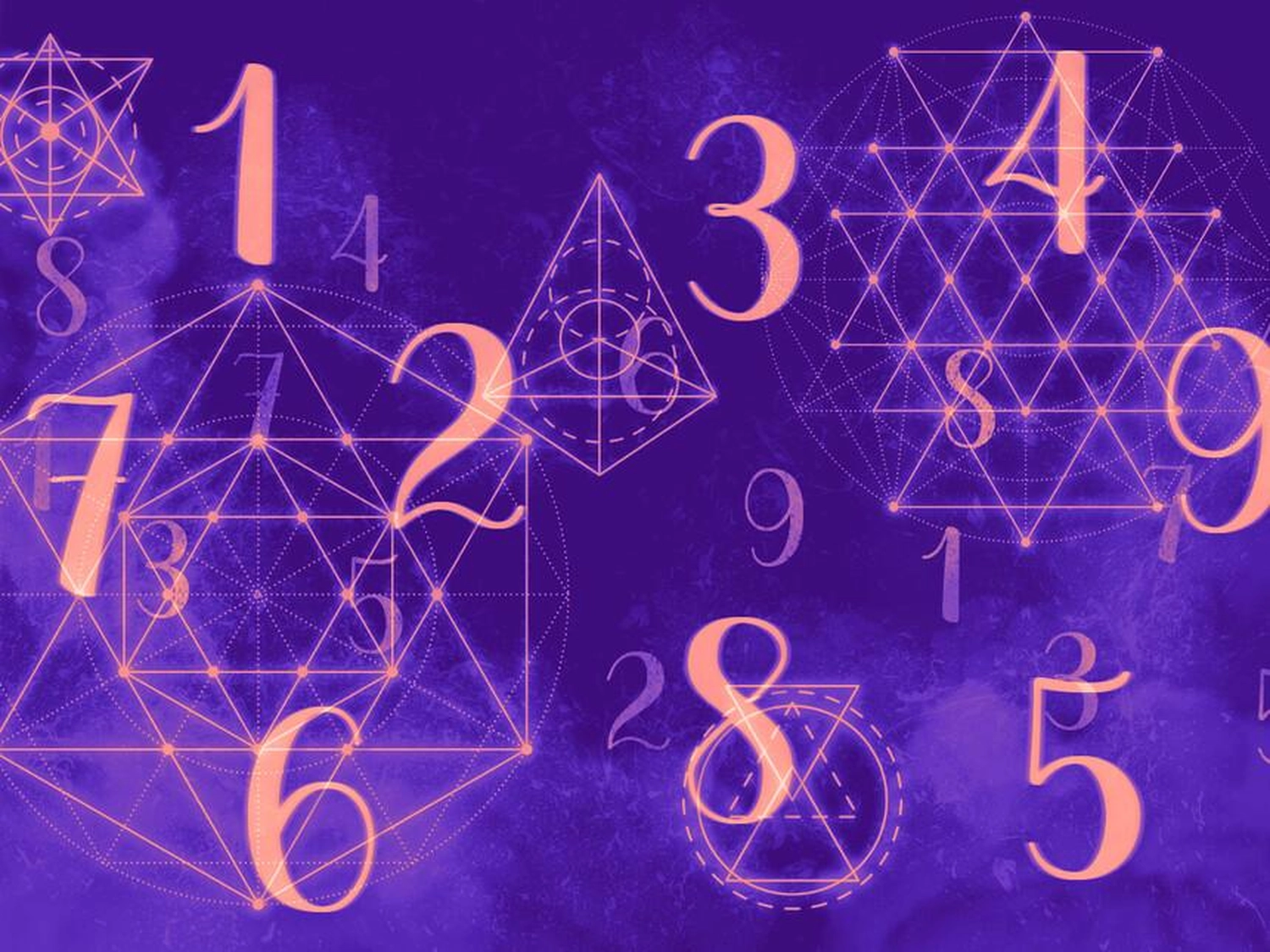 NumeroWunder - Numerologin und Thetahealing Praktikerin - Eine Collage mit einer violetten Karte, die mit leuchtenden geometrischen Mustern und Zahlen verziert ist.