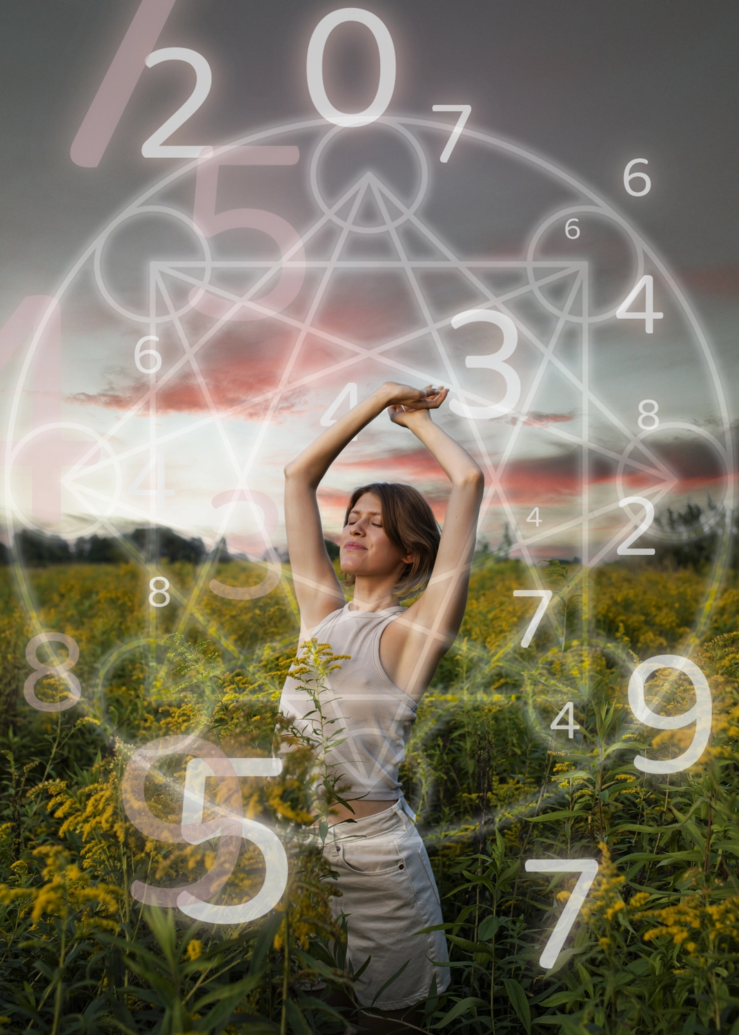 NumeroWunder - Numerologin und Thetahealing Praktikerin - Eine Frau auf einem Feld, überlagert von Zahlen und geometrischen Mustern.