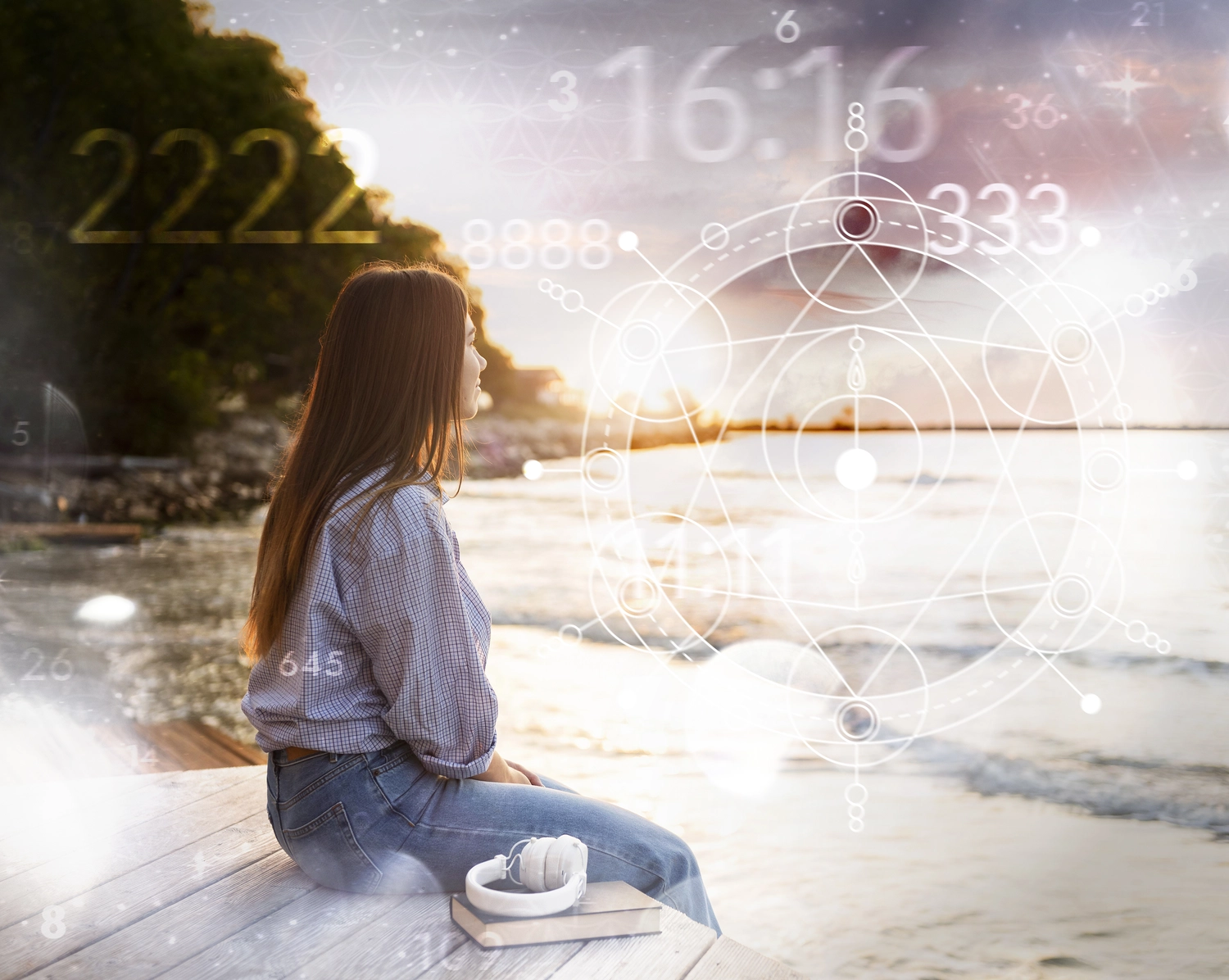 NumeroWunder - Numerologin und Thetahealing Praktikerin - Lebenszweck erkennen: Eine junge Frau sitzt bei Sonnenuntergang auf einem Holzsteg am Meer und blickt aufs Wasser hinaus. Am Himmel sind geometrische Diagramme und leuchtende Zahlen zu sehen.