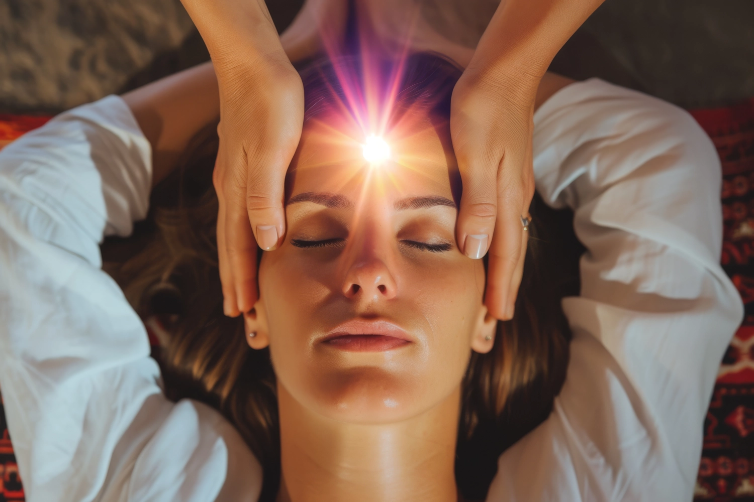 NumeroWunder - Numerologin und Thetahealing Praktikerin - Eine Frau empfängt Energieheilung; helles Licht strahlt von ihrer Stirn aus.
