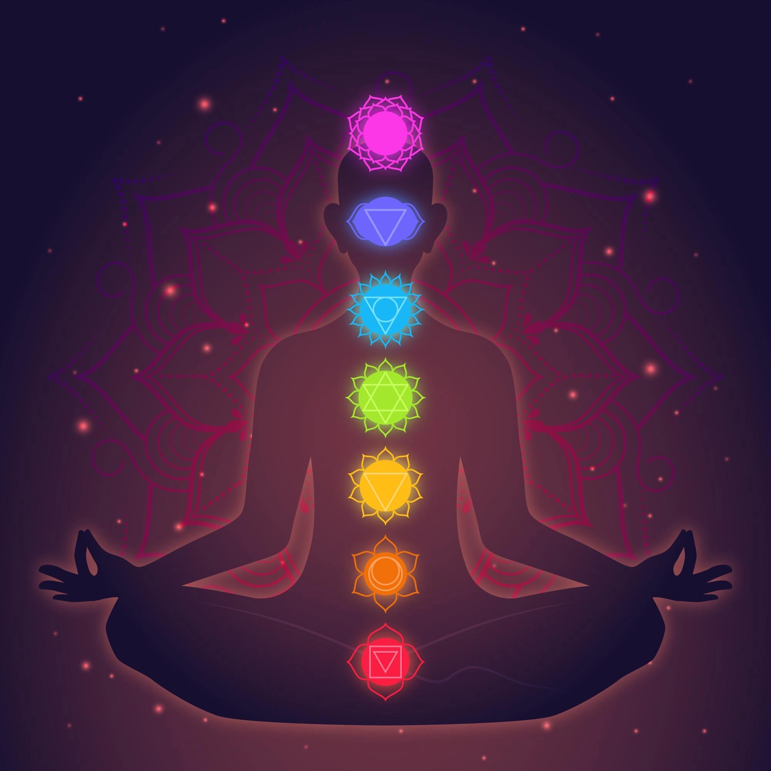 NumeroWunder - Numerologin und Thetahealing Praktikerin - Leuchtende, mehrfarbige Chakra-Symbole sind auf einer Silhouette einer meditierenden Figur angeordnet.