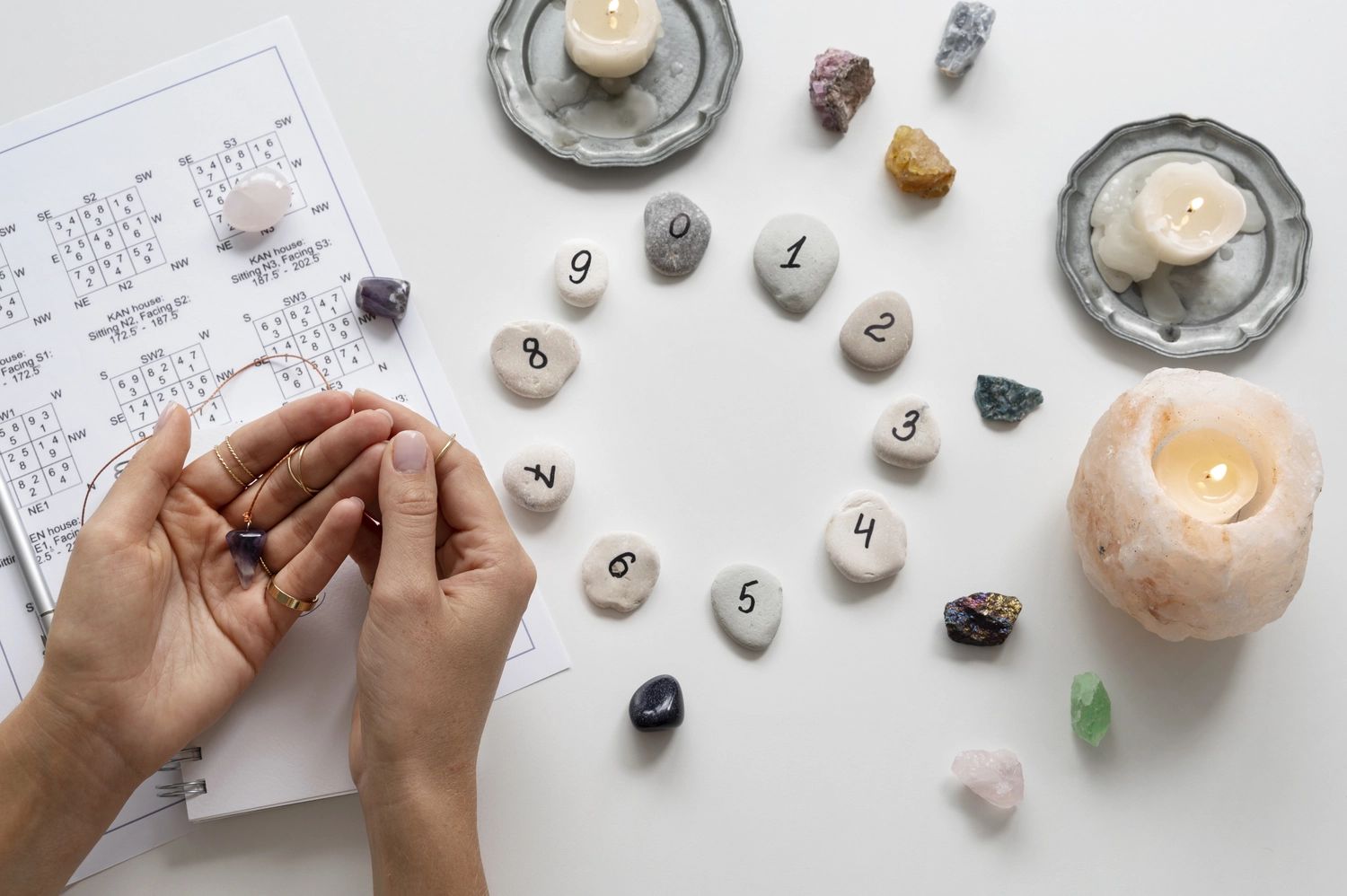 NumeroWunder - Numerologin und Thetahealing Praktikerin - Draufsicht auf eine Person, die ein Kristallpendel über einem Feng-Shui-Diagramm hält. Um sie herum befinden sich nummerierte Steine und eine Kerze.