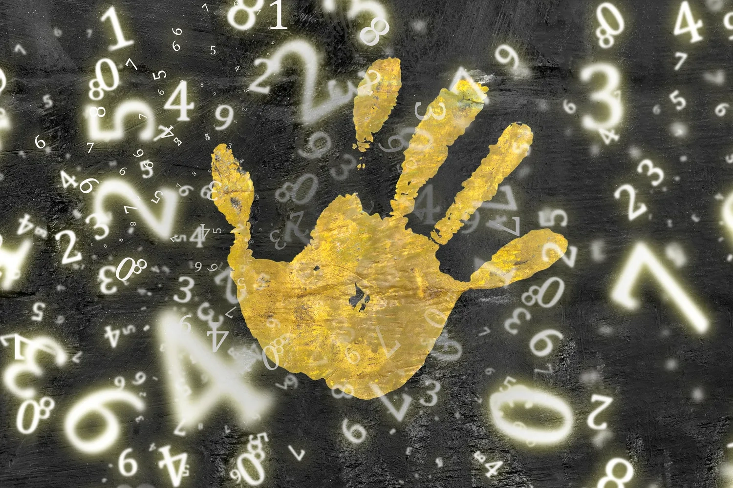 NumeroWunder - Numerologin und Thetahealing Praktikerin - Eine gelbe Handabdrucktextur, umgeben von verstreuten, leuchtenden Numerologiezahlen auf dunklem Hintergrund.