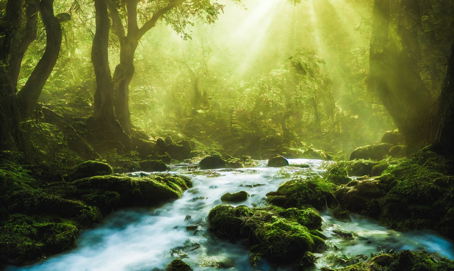 NumeroWunder - Numerologin und Thetahealing Praktikerin - Wunderschönes Waldpanorama mit Bach und strahlendem Sonnenschein zwischen den Bäumen